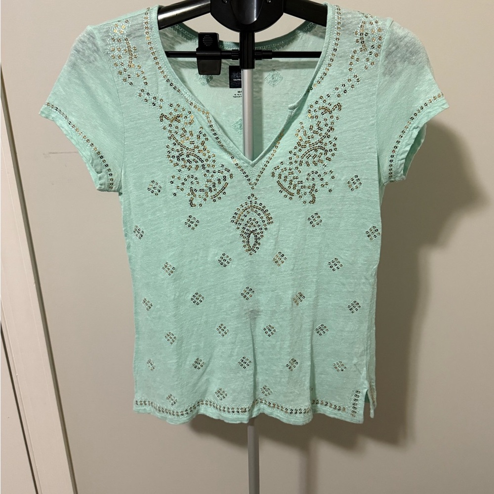 BLUE by Saks Fifth Avenue V-Neck Linen Blend Top With Sequins Sz Medium